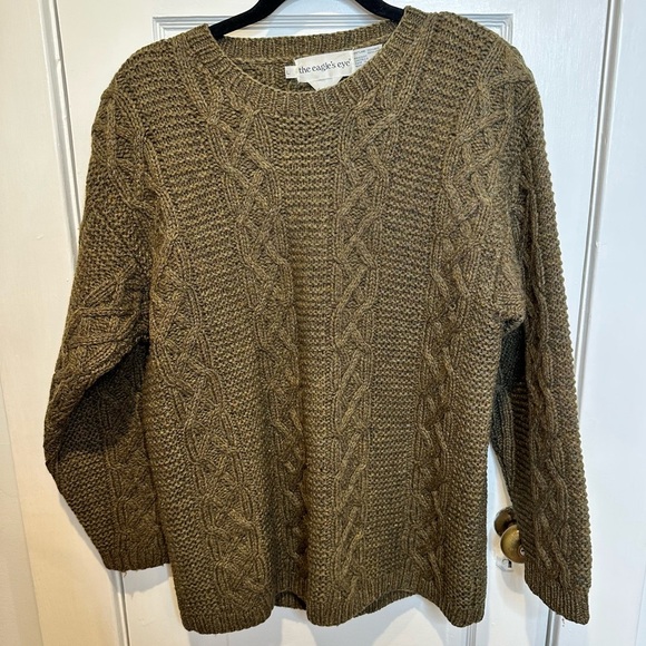 VINTAGE HAND KNIT EAGLES EYE 100% SHETLAND WOOL CABLEKNIT OLIVE GREEN SWEATER L - Picture 1 of 5